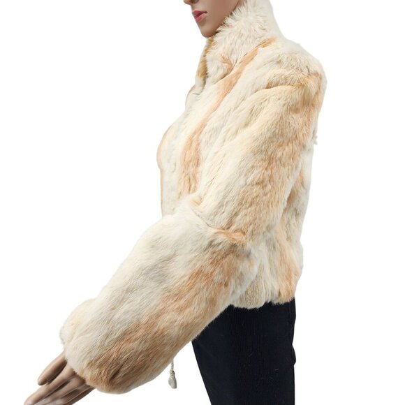 Vintage Elan Rabbit Fur Jacket Beige & Camel Striped Pattern Warm Soft Small S - Picture 3 of 15